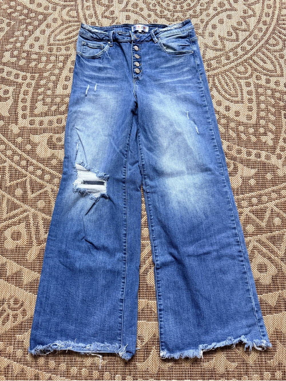 Freckled Poppy Risen Baggy Wide Leg distressed Raw Hem Jeans Sz 1XL button fly